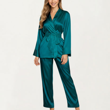 Anna-Kaci Women's 2-Piece Set Satin Wrap Top with Tie Waist and Matching Straight-Leg Pants