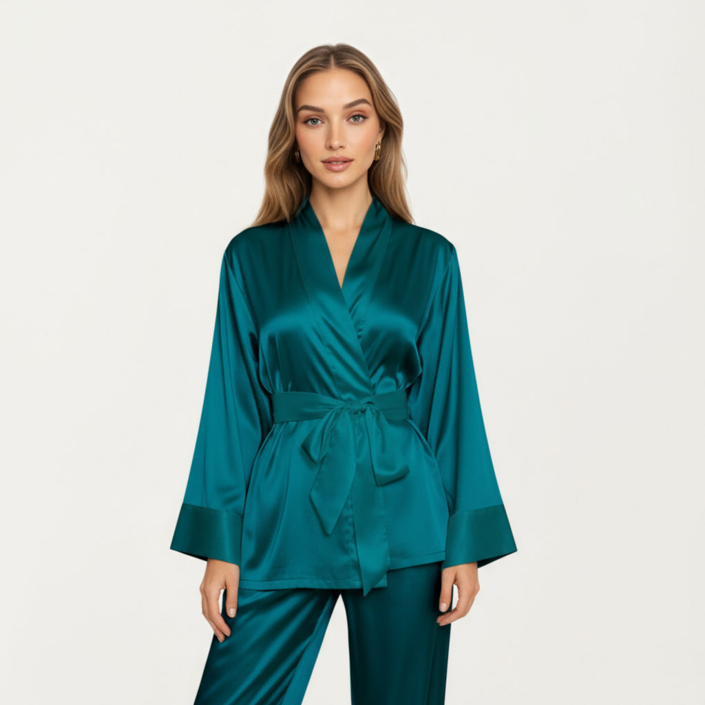 Anna-Kaci Women's 2-Piece Set Satin Wrap Top with Tie Waist and Matching Straight-Leg Pants