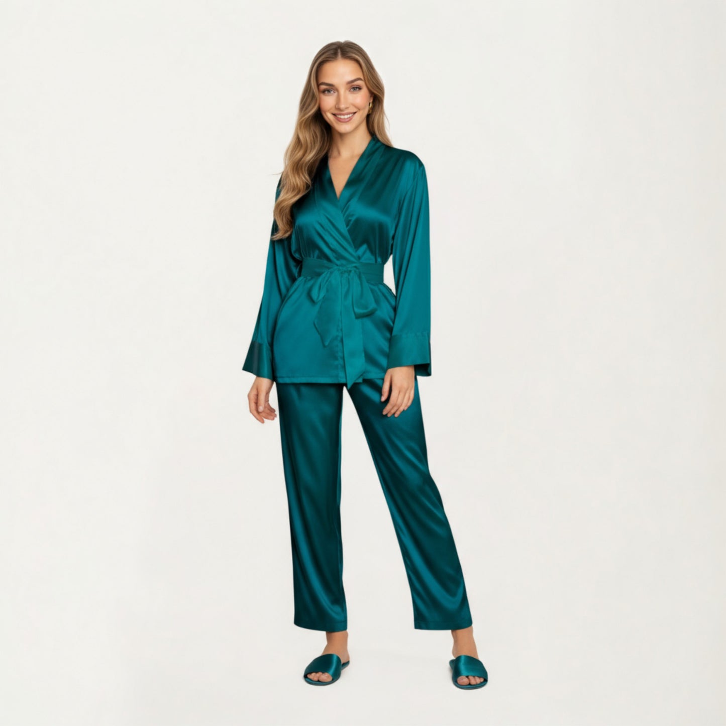 Anna-Kaci Women's 2-Piece Set Satin Wrap Top with Tie Waist and Matching Straight-Leg Pants