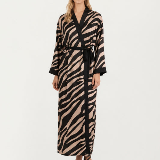 Anna-Kaci Women's Long Satin Robe with Zebra Print Pattern and Tie Waist Belt
