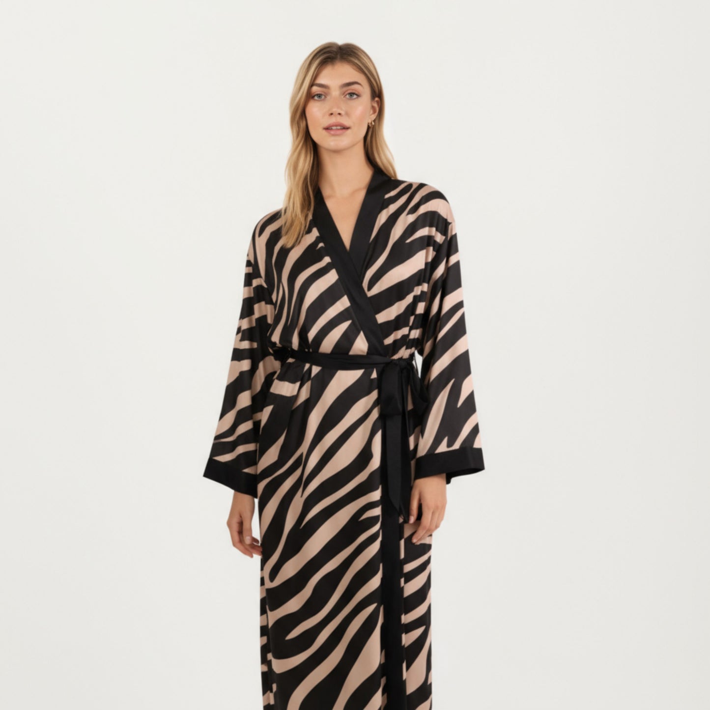 Anna-Kaci Women's Long Satin Robe with Zebra Print Pattern and Tie Waist Belt
