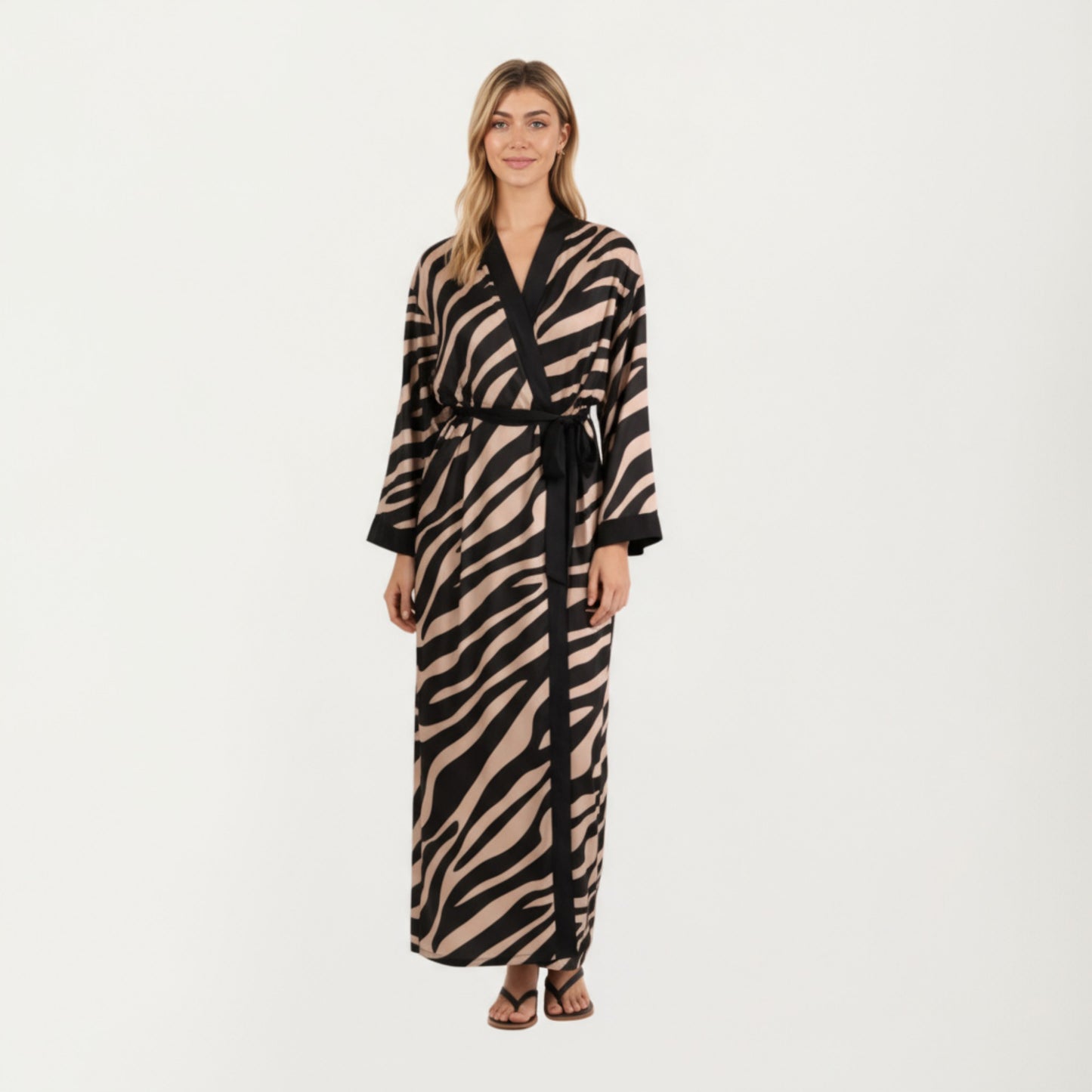 Anna-Kaci Women's Long Satin Robe with Zebra Print Pattern and Tie Waist Belt