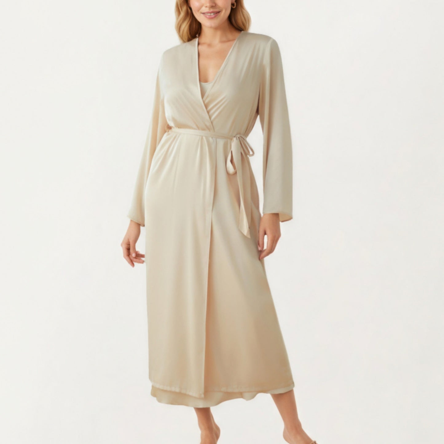 Anna-Kaci Women's Long Satin Wrap Robe with Tie Waist and Relaxed Draped Sleeves