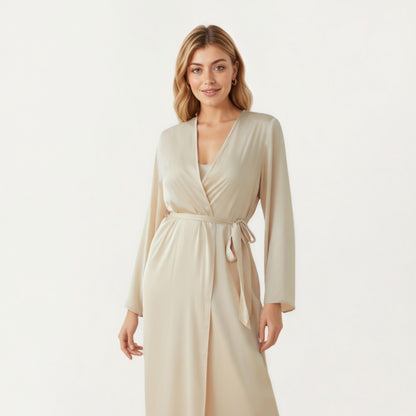Anna-Kaci Women's Long Satin Wrap Robe with Tie Waist and Relaxed Draped Sleeves