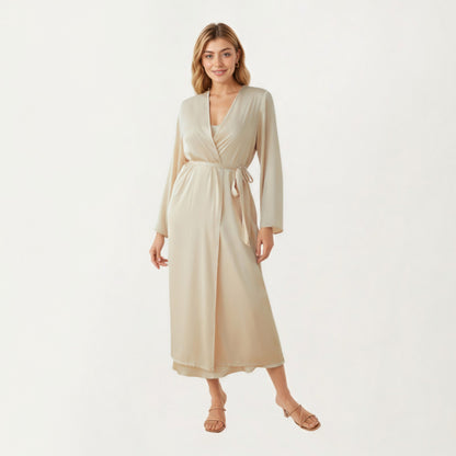 Anna-Kaci Women's Long Satin Wrap Robe with Tie Waist and Relaxed Draped Sleeves