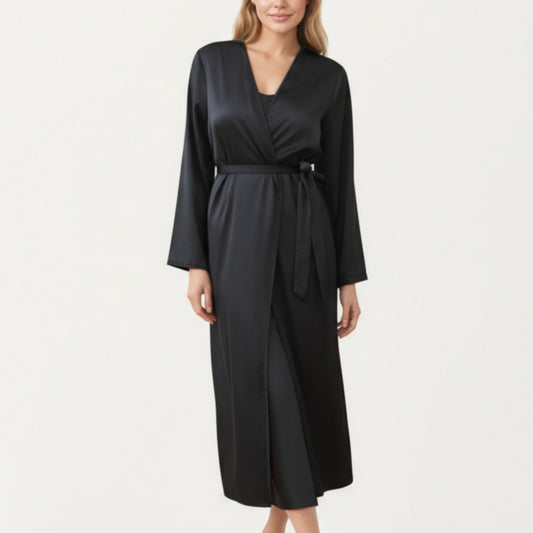 Anna-Kaci Women's Long Satin Wrap Robe with Tie Waist and Relaxed Draped Sleeves