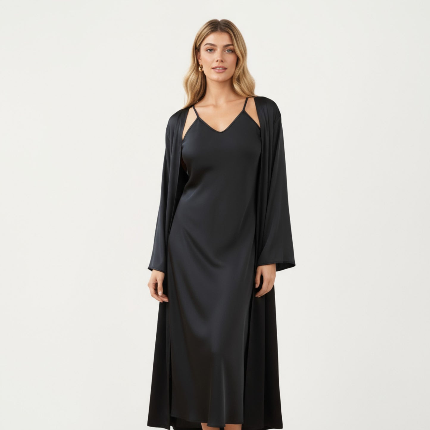 Anna-Kaci Women's Long Satin Wrap Robe with Tie Waist and Relaxed Draped Sleeves
