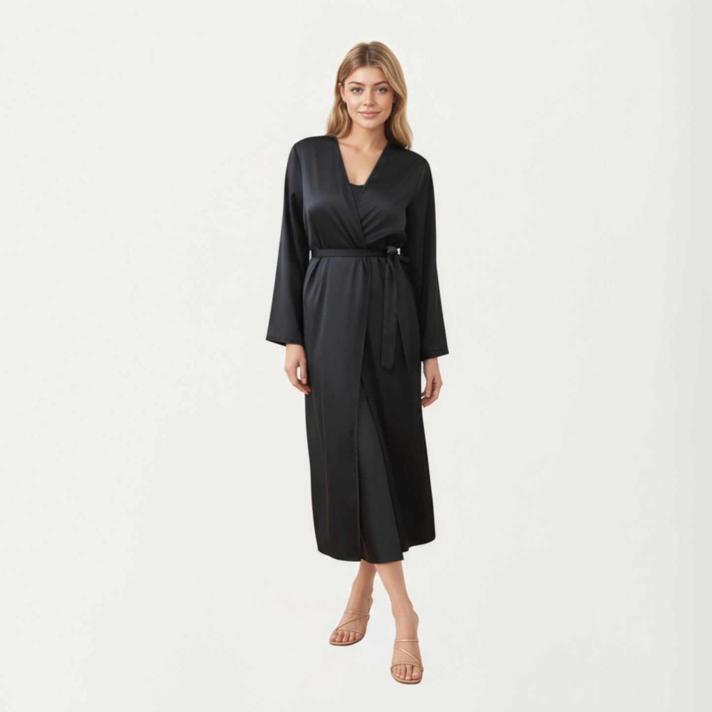 Anna-Kaci Women's Long Satin Wrap Robe with Tie Waist and Relaxed Draped Sleeves