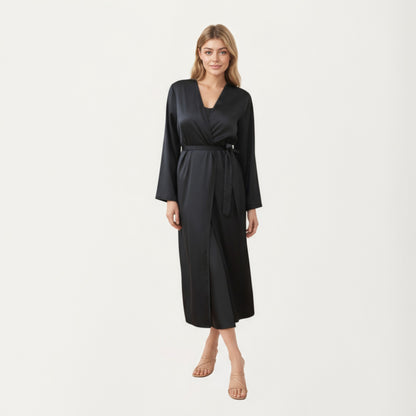 Anna-Kaci Women's Long Satin Wrap Robe with Tie Waist and Relaxed Draped Sleeves