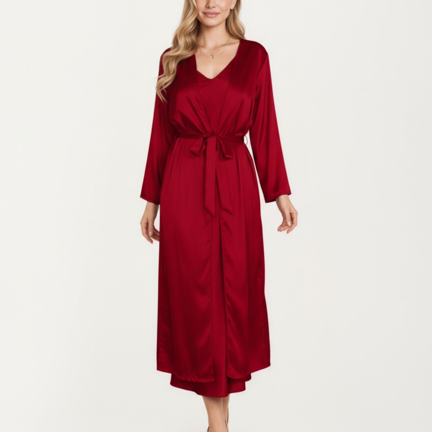 Anna-Kaci Women's Long Satin Wrap Robe with Tie Waist and Relaxed Draped Sleeves