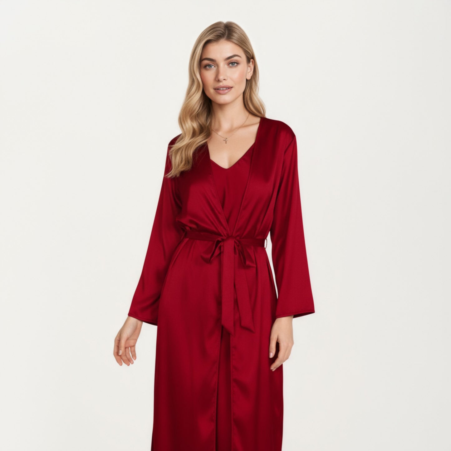 Anna-Kaci Women's Long Satin Wrap Robe with Tie Waist and Relaxed Draped Sleeves