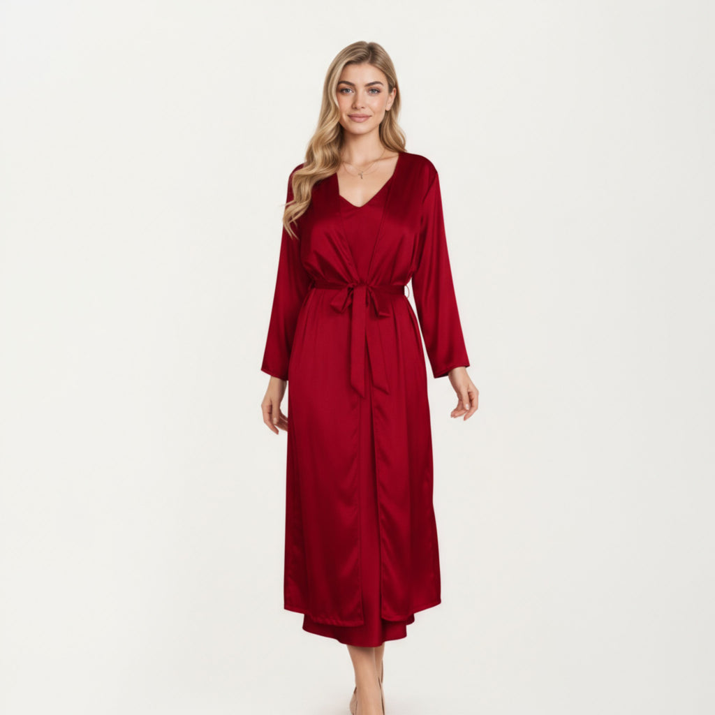 Anna-Kaci Women's Long Satin Wrap Robe with Tie Waist and Relaxed Draped Sleeves