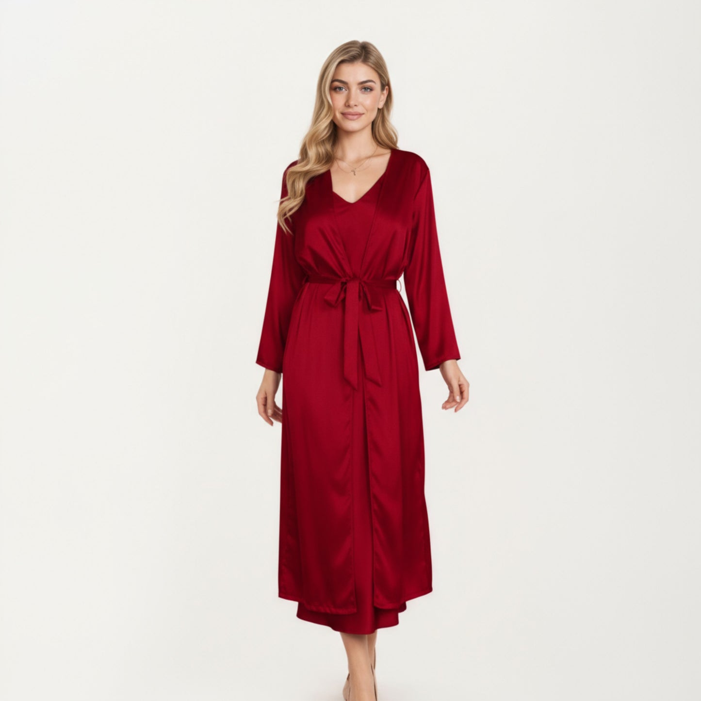 Anna-Kaci Women's Long Satin Wrap Robe with Tie Waist and Relaxed Draped Sleeves