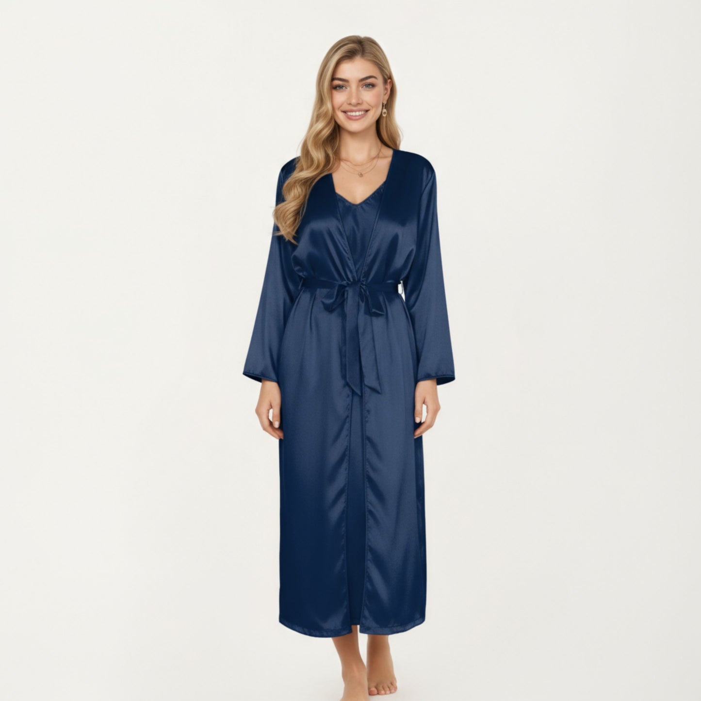 Anna-Kaci Women's Long Satin Wrap Robe with Tie Waist and Relaxed Draped Sleeves
