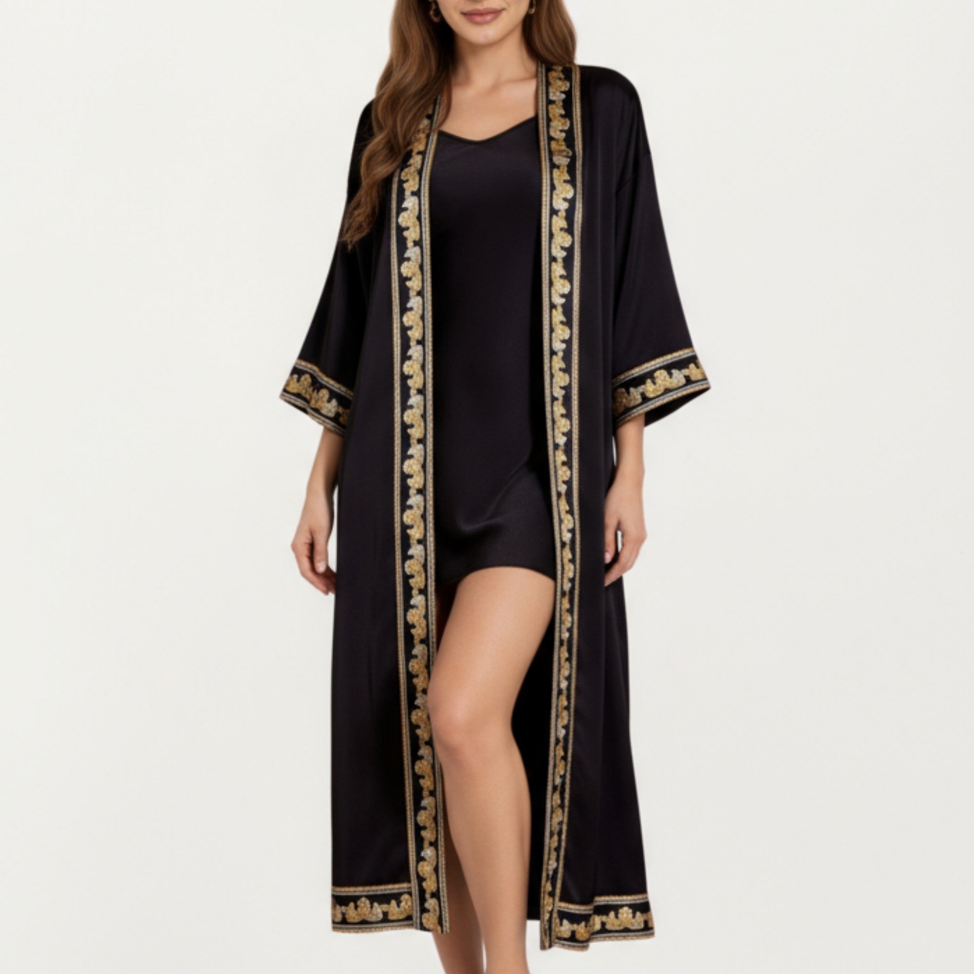 Anna-Kaci Women's Long Satin Kimono Robe with Embroidered Trim and Wide Sleeves