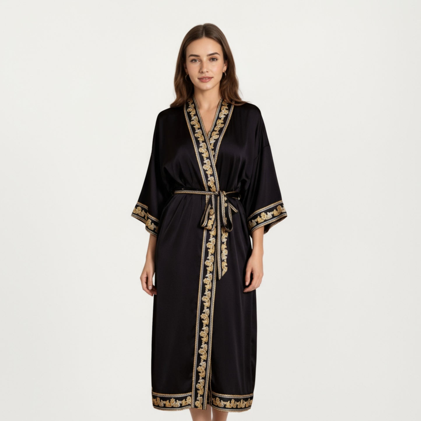 Anna-Kaci Women's Long Satin Kimono Robe with Embroidered Trim and Wide Sleeves