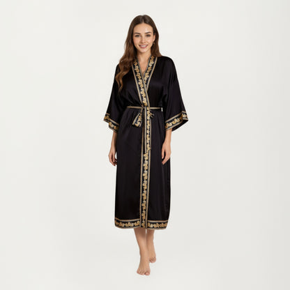 Anna-Kaci Women's Long Satin Kimono Robe with Embroidered Trim and Wide Sleeves
