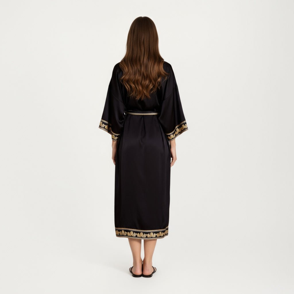 Anna-Kaci Women's Long Satin Kimono Robe with Embroidered Trim and Wide Sleeves