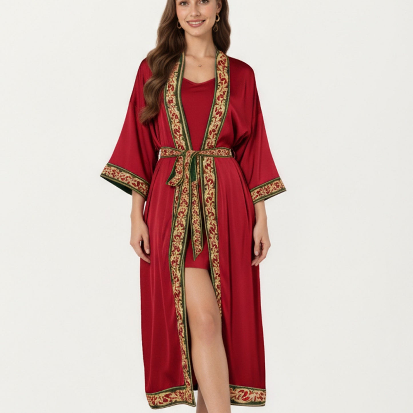 Anna-Kaci Women's Long Satin Kimono Robe with Embroidered Trim and Wide Sleeves