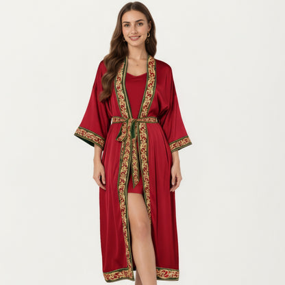 Anna-Kaci Women's Long Satin Kimono Robe with Embroidered Trim and Wide Sleeves