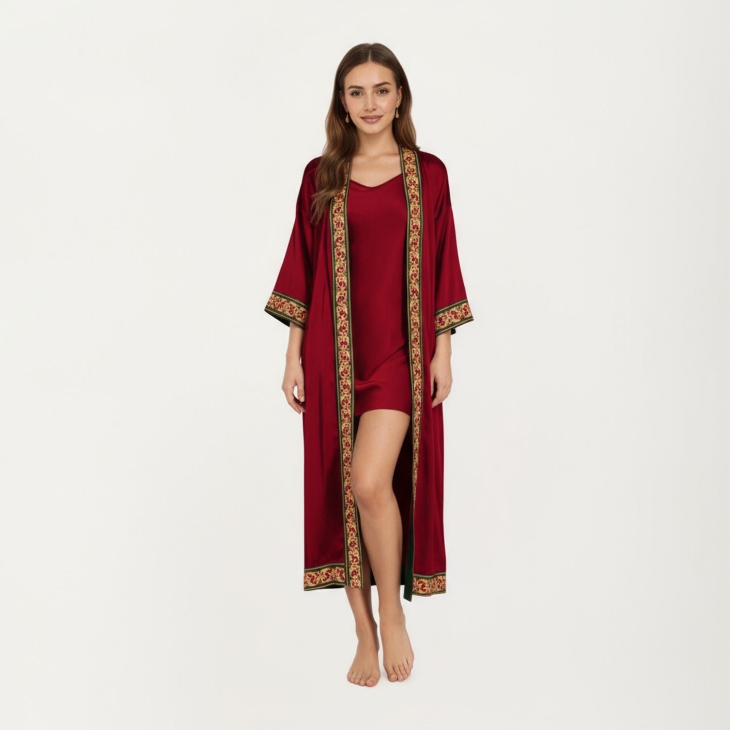 Anna-Kaci Women's Long Satin Kimono Robe with Embroidered Trim and Wide Sleeves