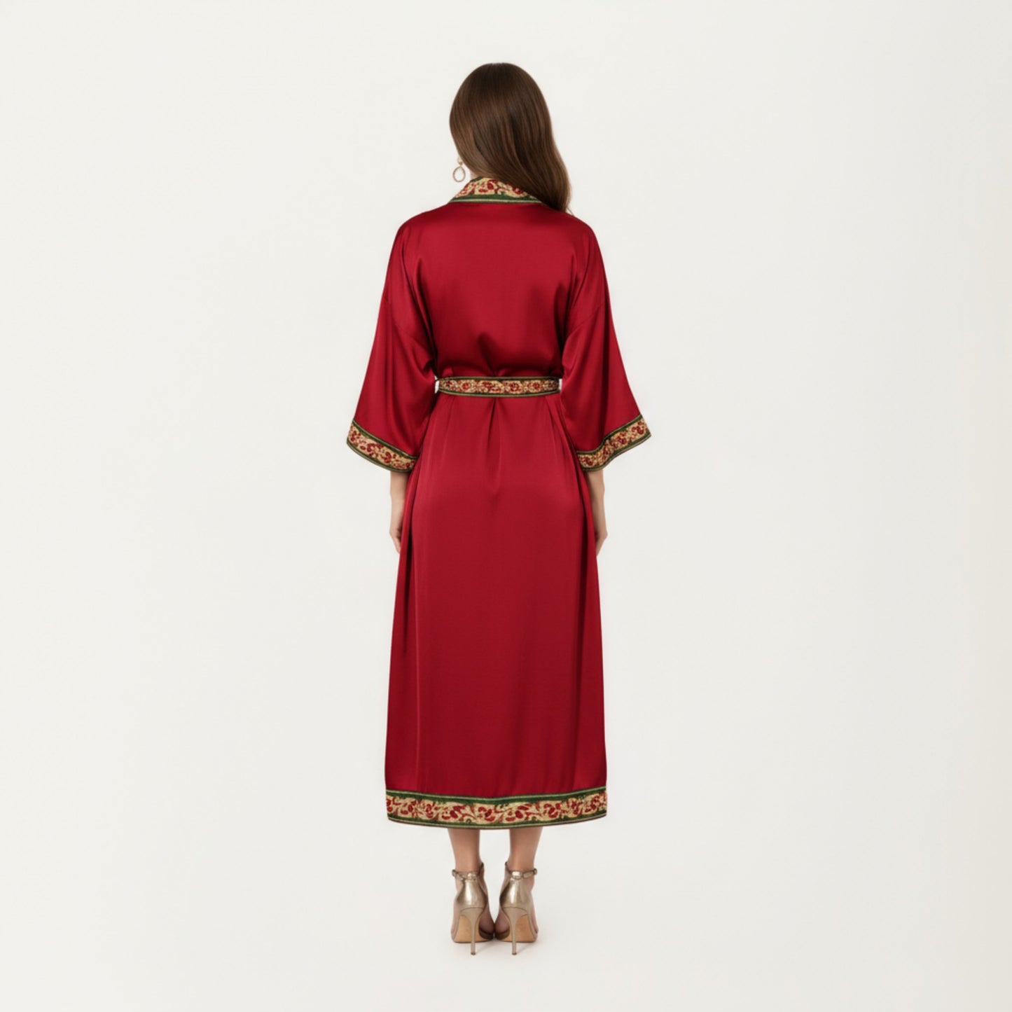 Anna-Kaci Women's Long Satin Kimono Robe with Embroidered Trim and Wide Sleeves