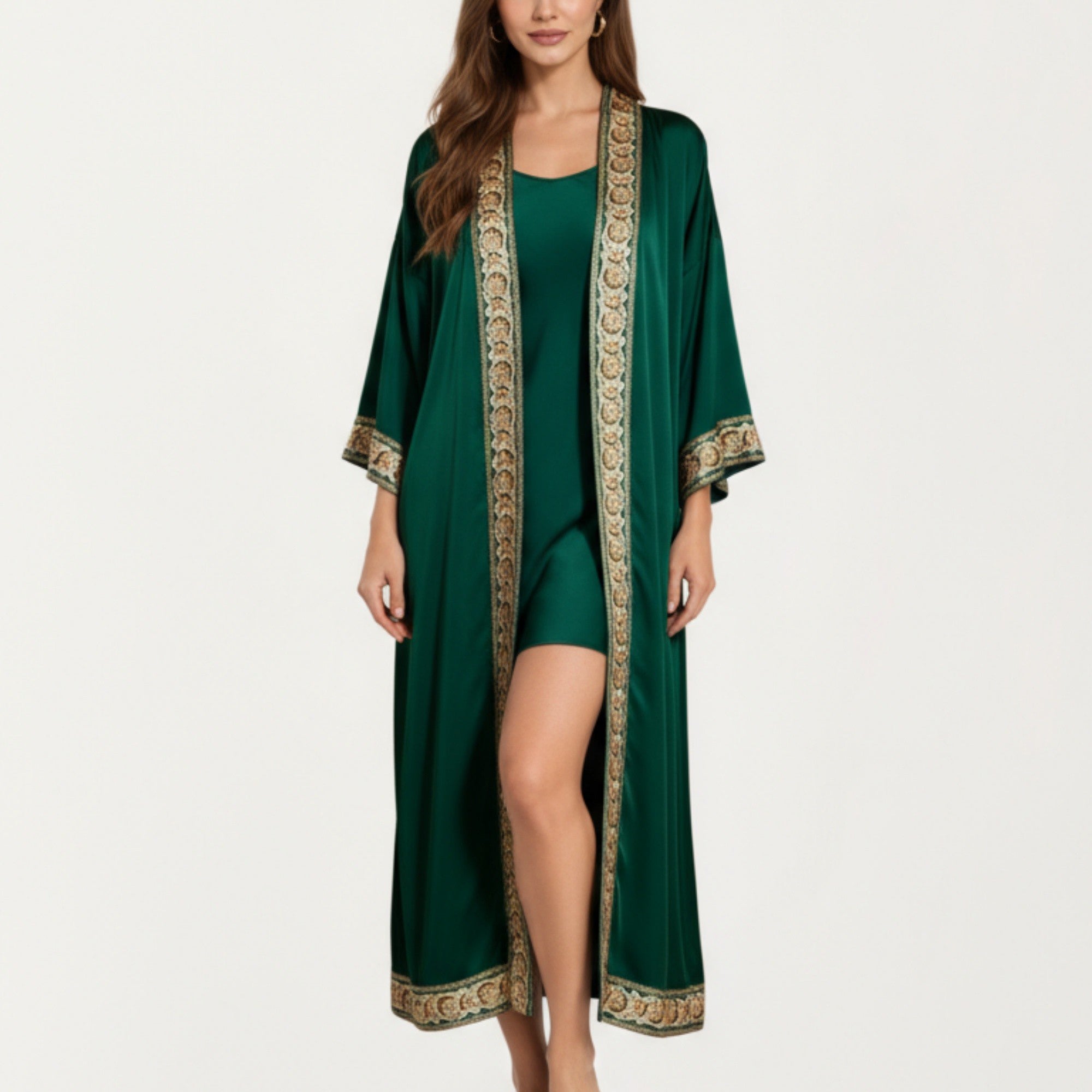 Anna-Kaci Women's Long Satin Kimono Robe with Embroidered Trim and Wide Sleeves