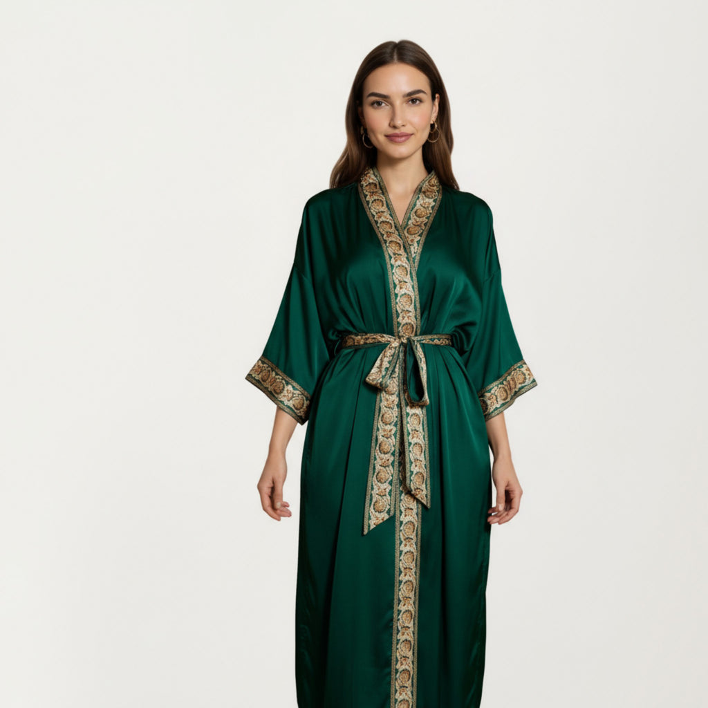 Anna-Kaci Women's Long Satin Kimono Robe with Embroidered Trim and Wide Sleeves