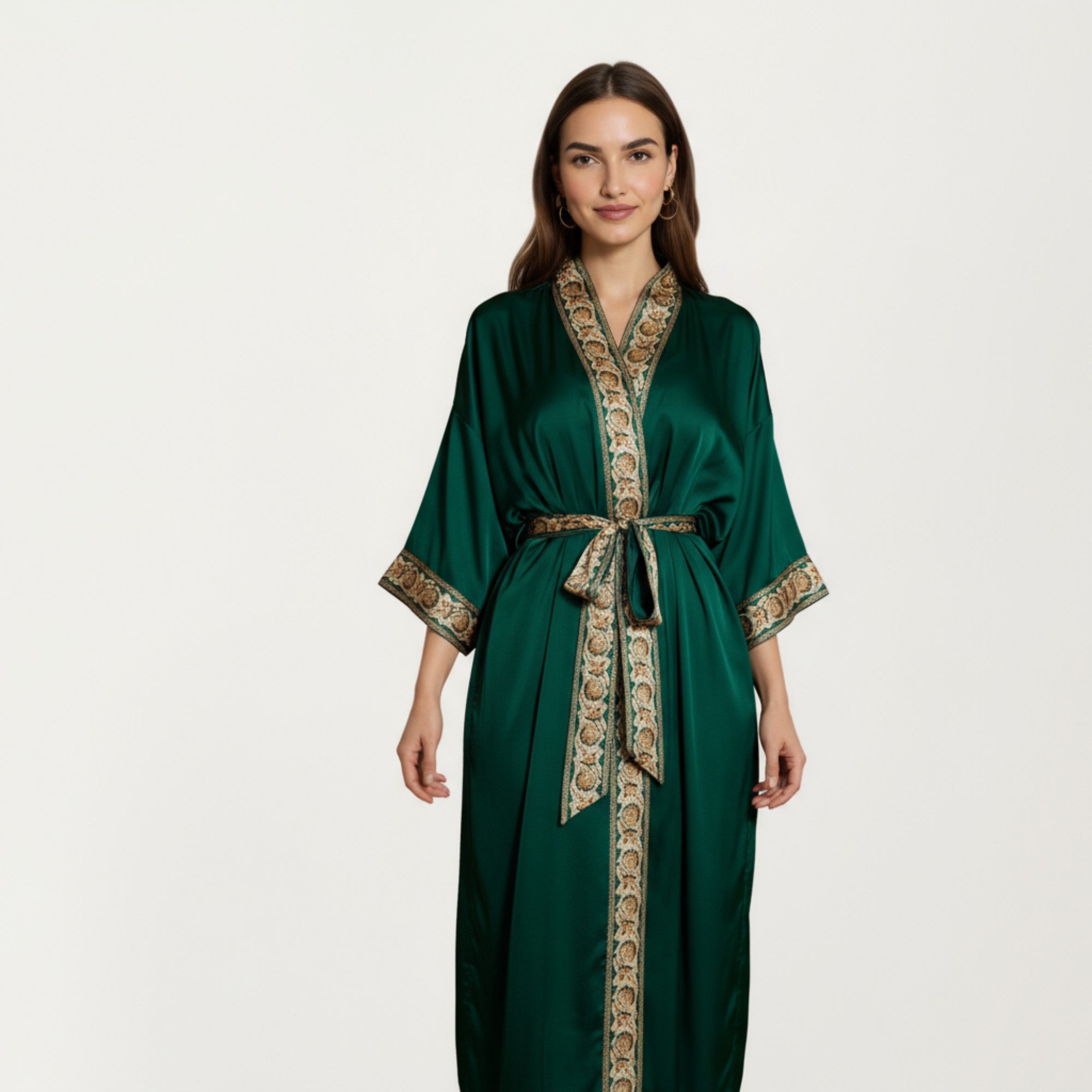 Anna-Kaci Women's Long Satin Kimono Robe with Embroidered Trim and Wide Sleeves