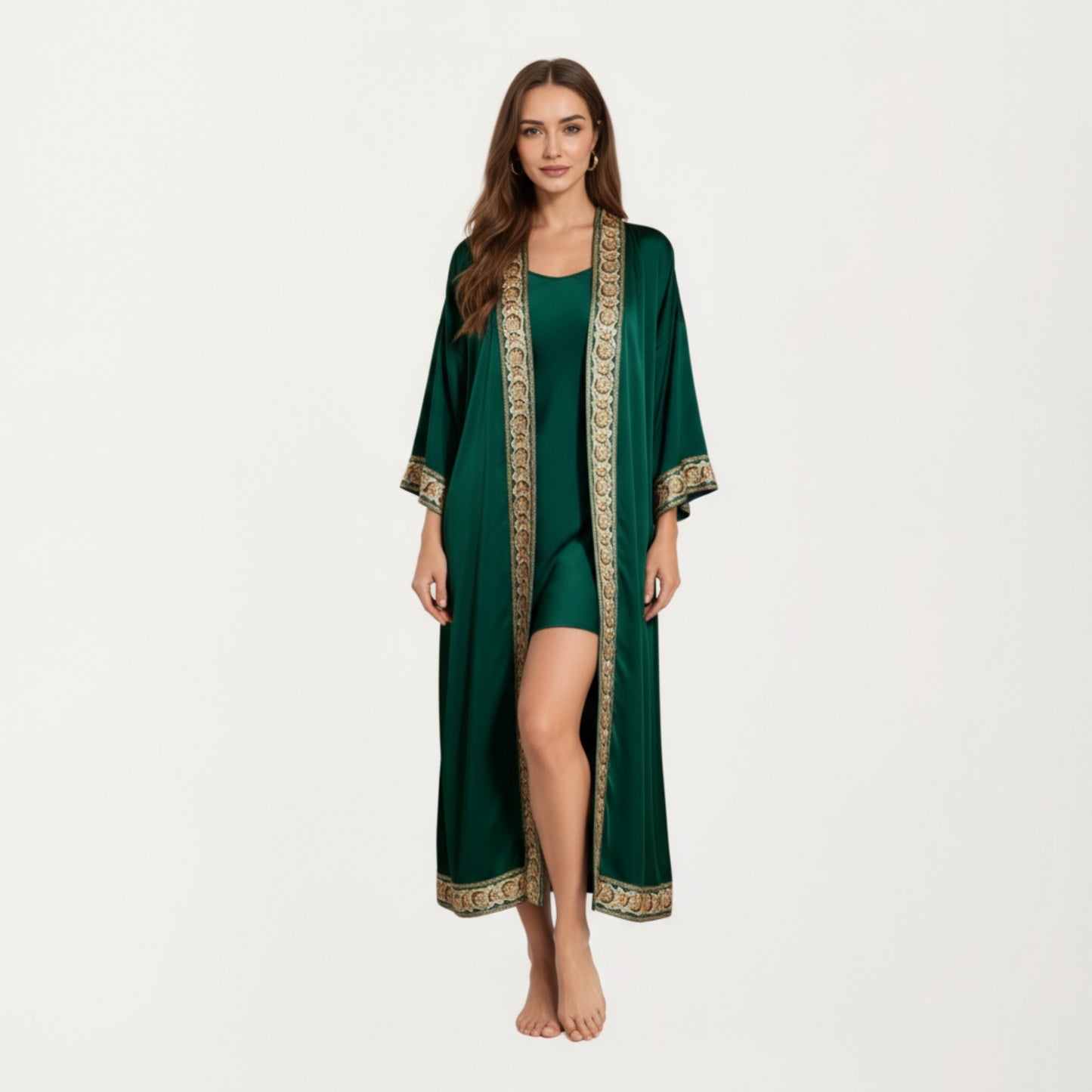 Anna-Kaci Women's Long Satin Kimono Robe with Embroidered Trim and Wide Sleeves
