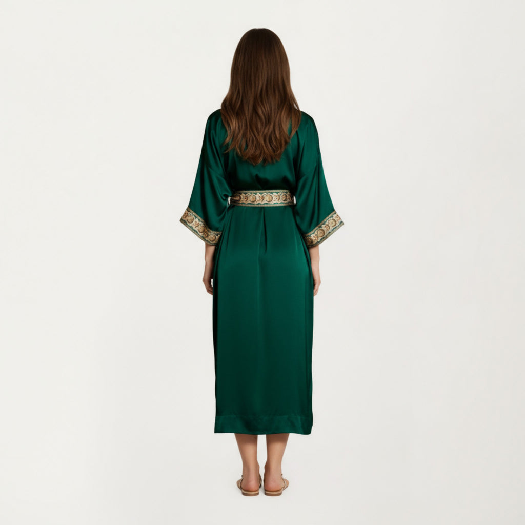 Anna-Kaci Women's Long Satin Kimono Robe with Embroidered Trim and Wide Sleeves