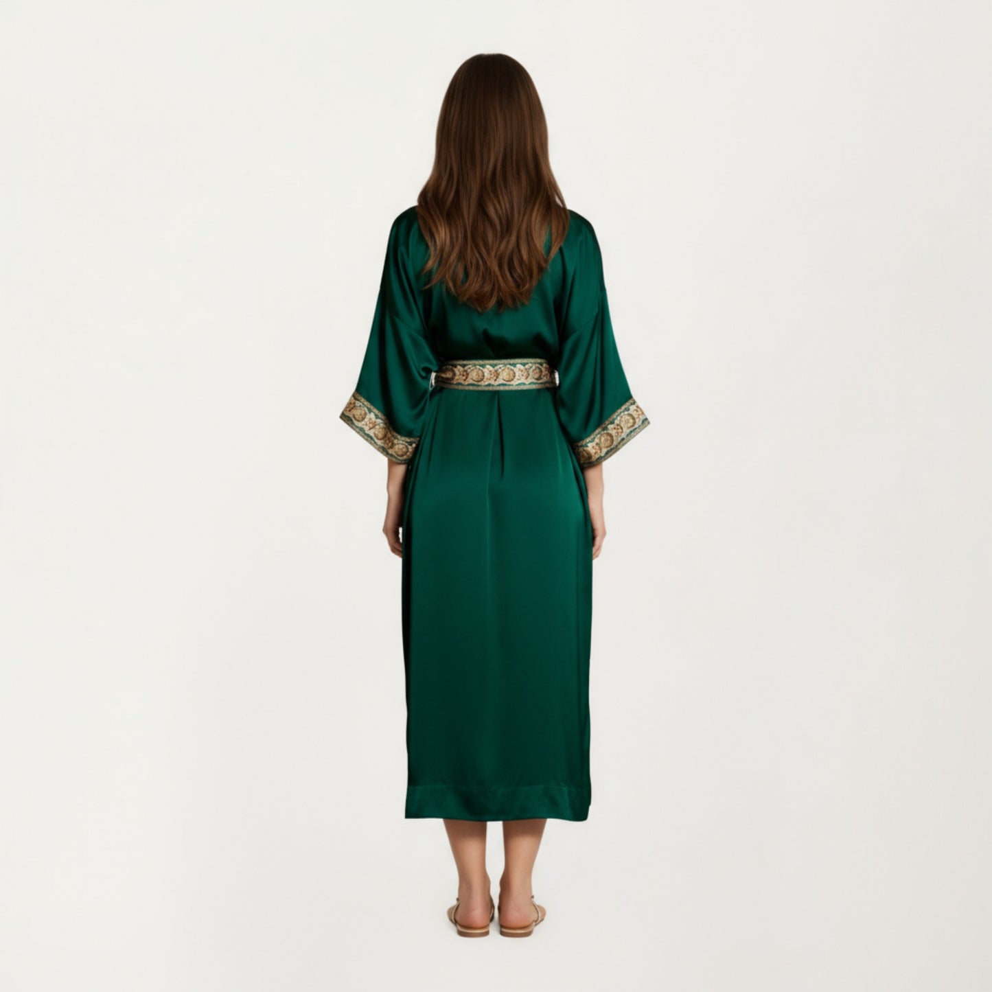 Anna-Kaci Women's Long Satin Kimono Robe with Embroidered Trim and Wide Sleeves