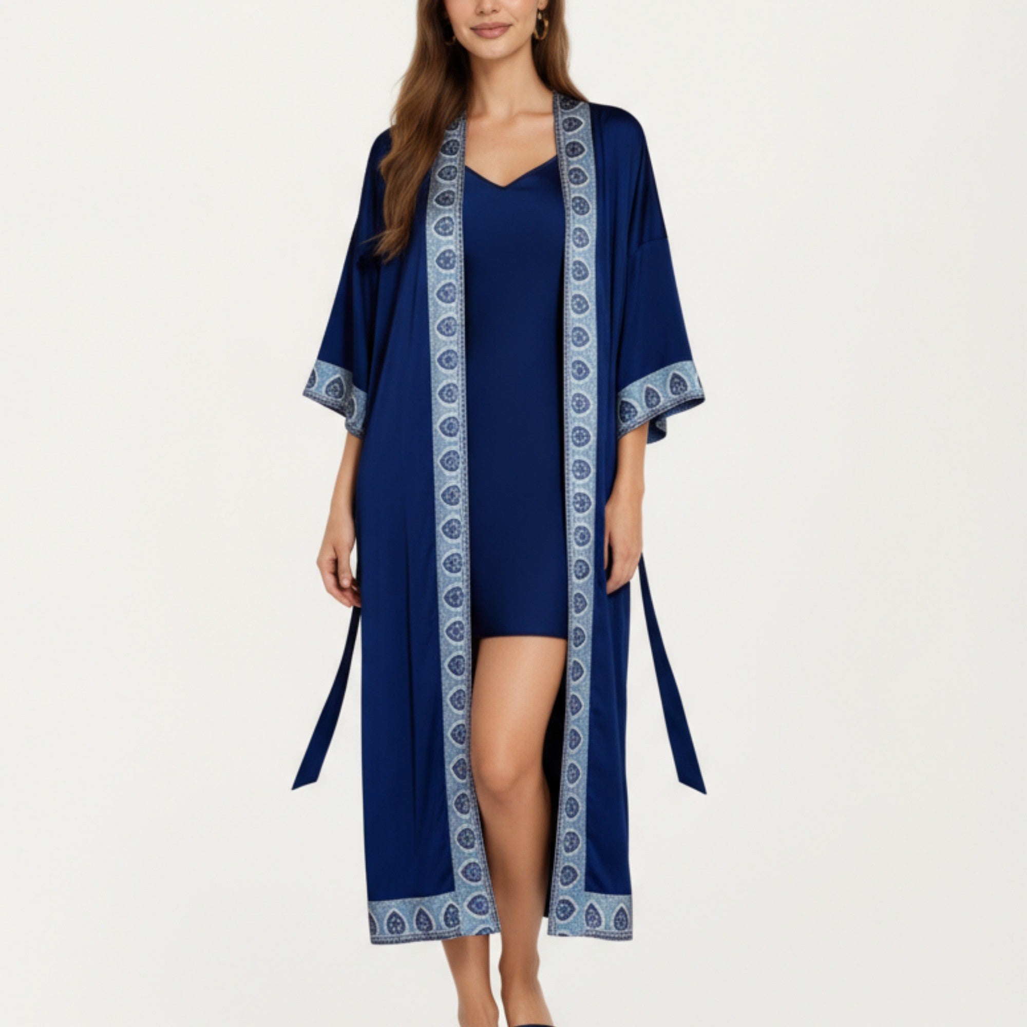 Anna-Kaci Women's Long Satin Kimono Robe with Embroidered Trim and Wide Sleeves