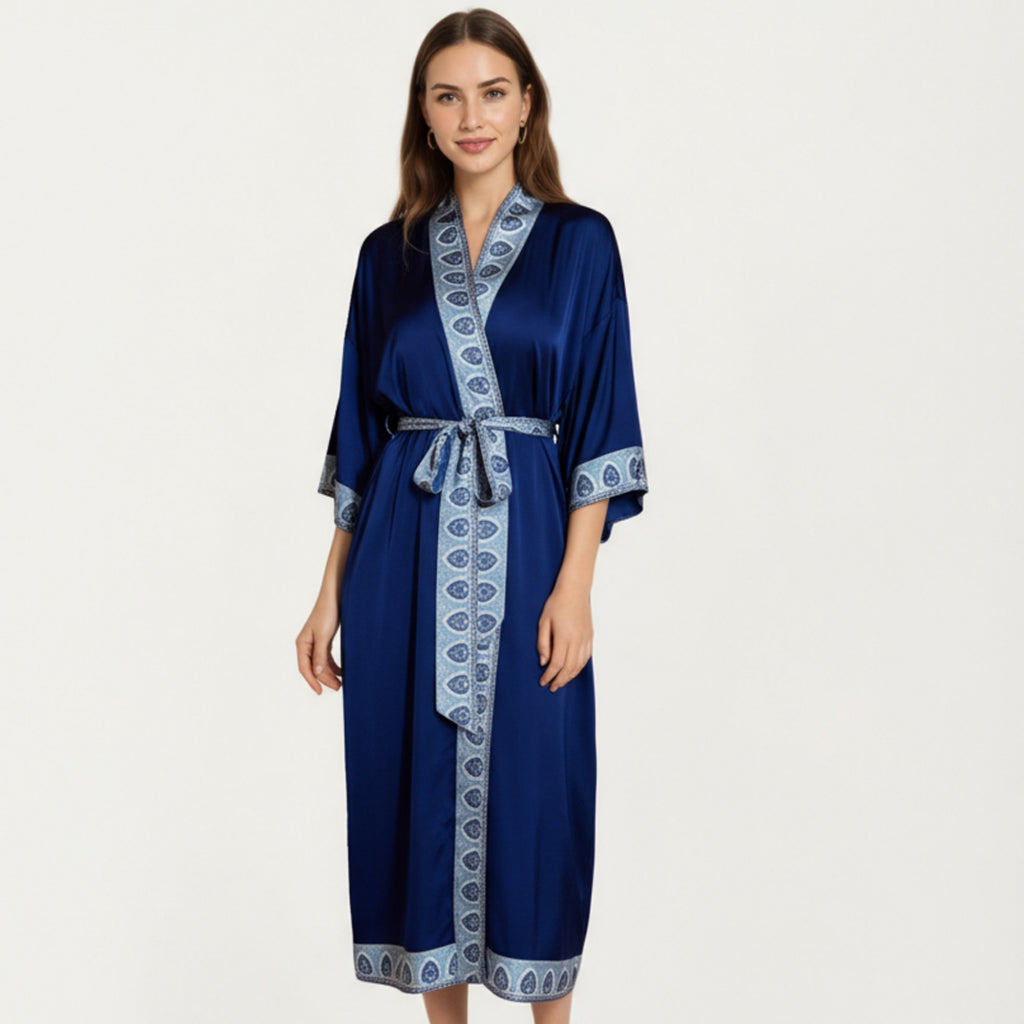 Anna-Kaci Women's Long Satin Kimono Robe with Embroidered Trim and Wide Sleeves