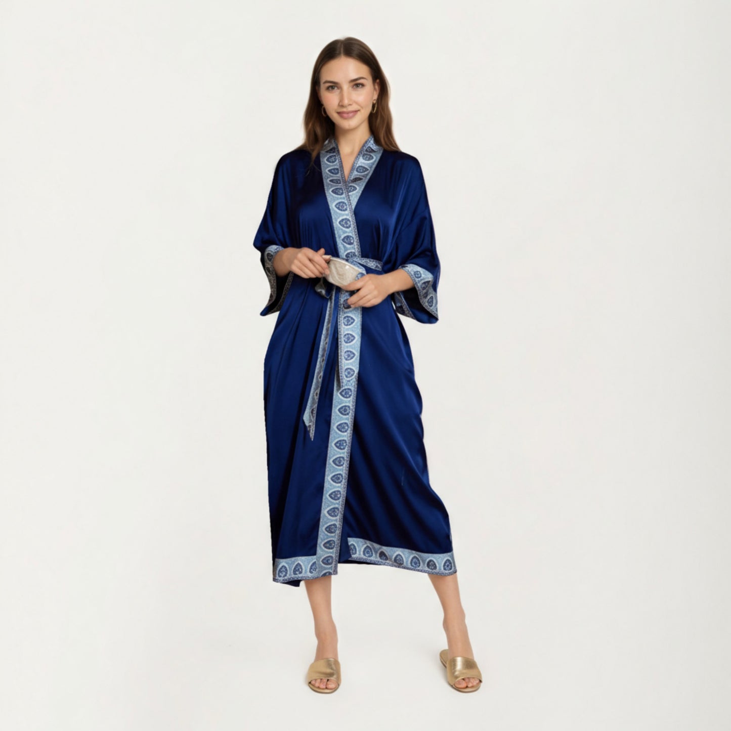 Anna-Kaci Women's Long Satin Kimono Robe with Embroidered Trim and Wide Sleeves