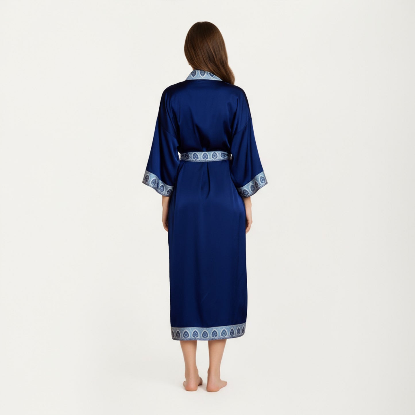 Anna-Kaci Women's Long Satin Kimono Robe with Embroidered Trim and Wide Sleeves