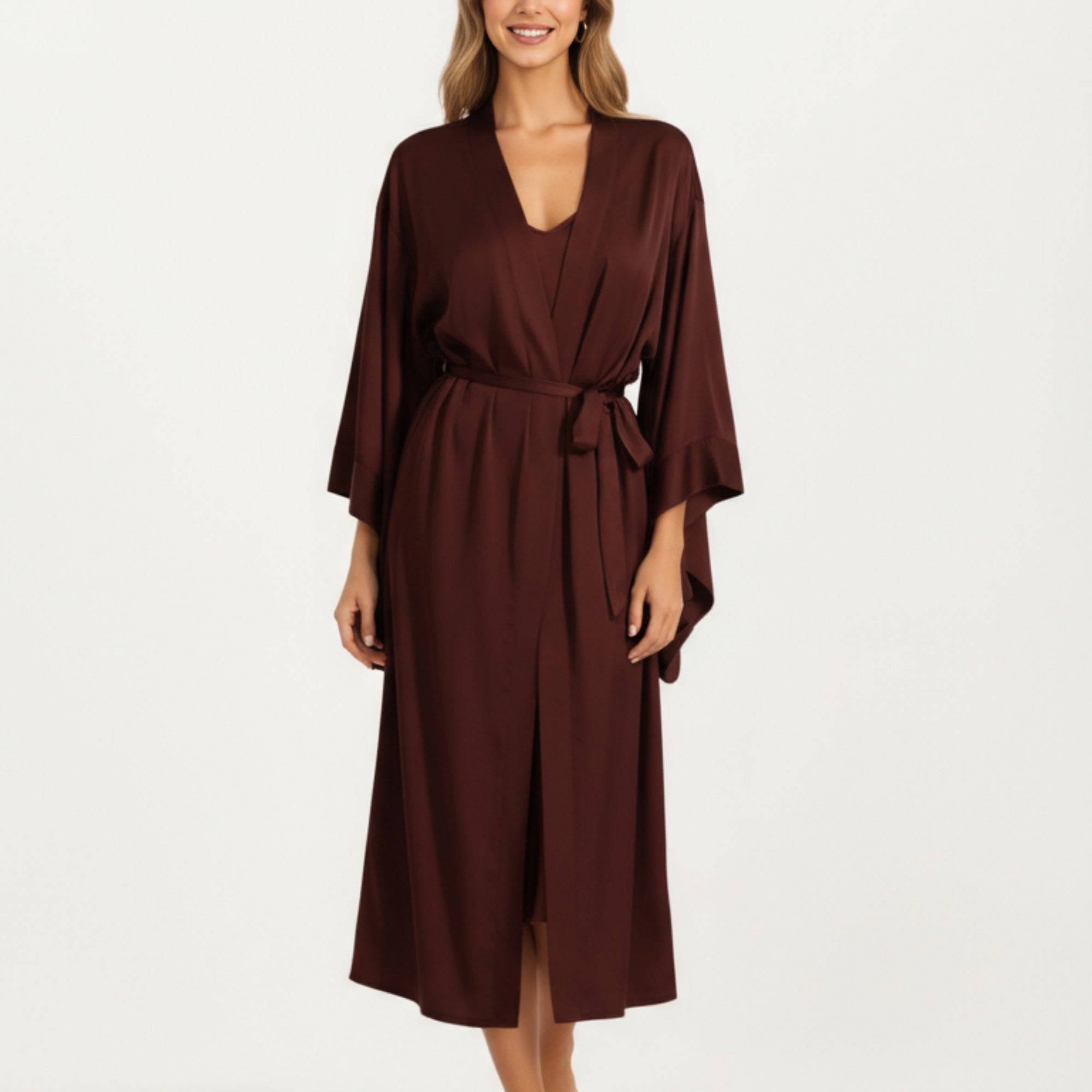 Anna-Kaci Women's Long Satin Kimono Robe with Tie Waist Belt and Wide Sleeves
