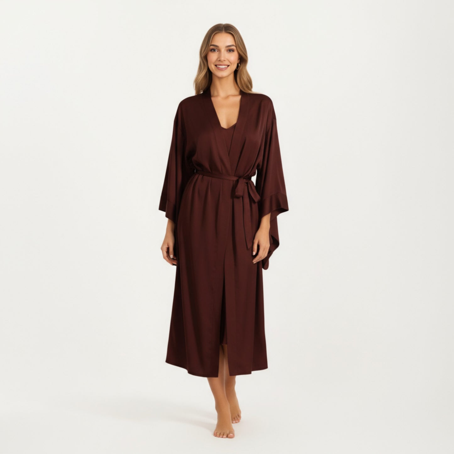 Anna-Kaci Women's Long Satin Kimono Robe with Tie Waist Belt and Wide Sleeves