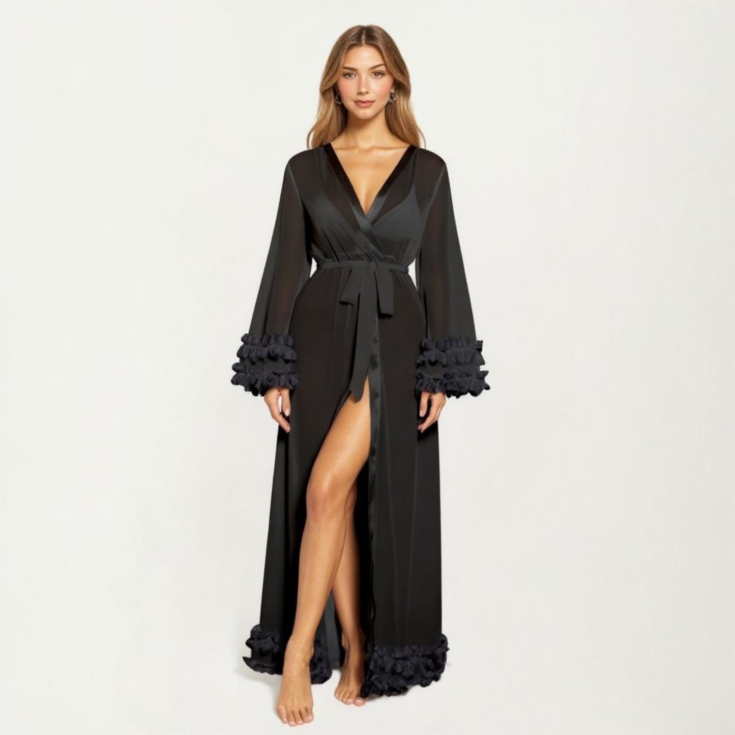 Anna-Kaci Women's Long Satin Robe with Ruffled Cuffs Hem and Tie Waist Belt