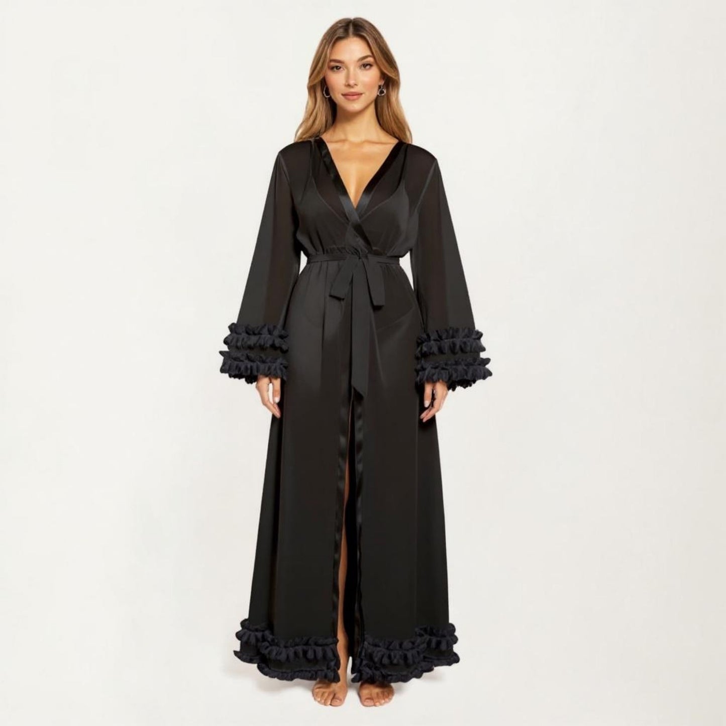Anna-Kaci Women's Long Satin Robe with Ruffled Cuffs Hem and Tie Waist Belt