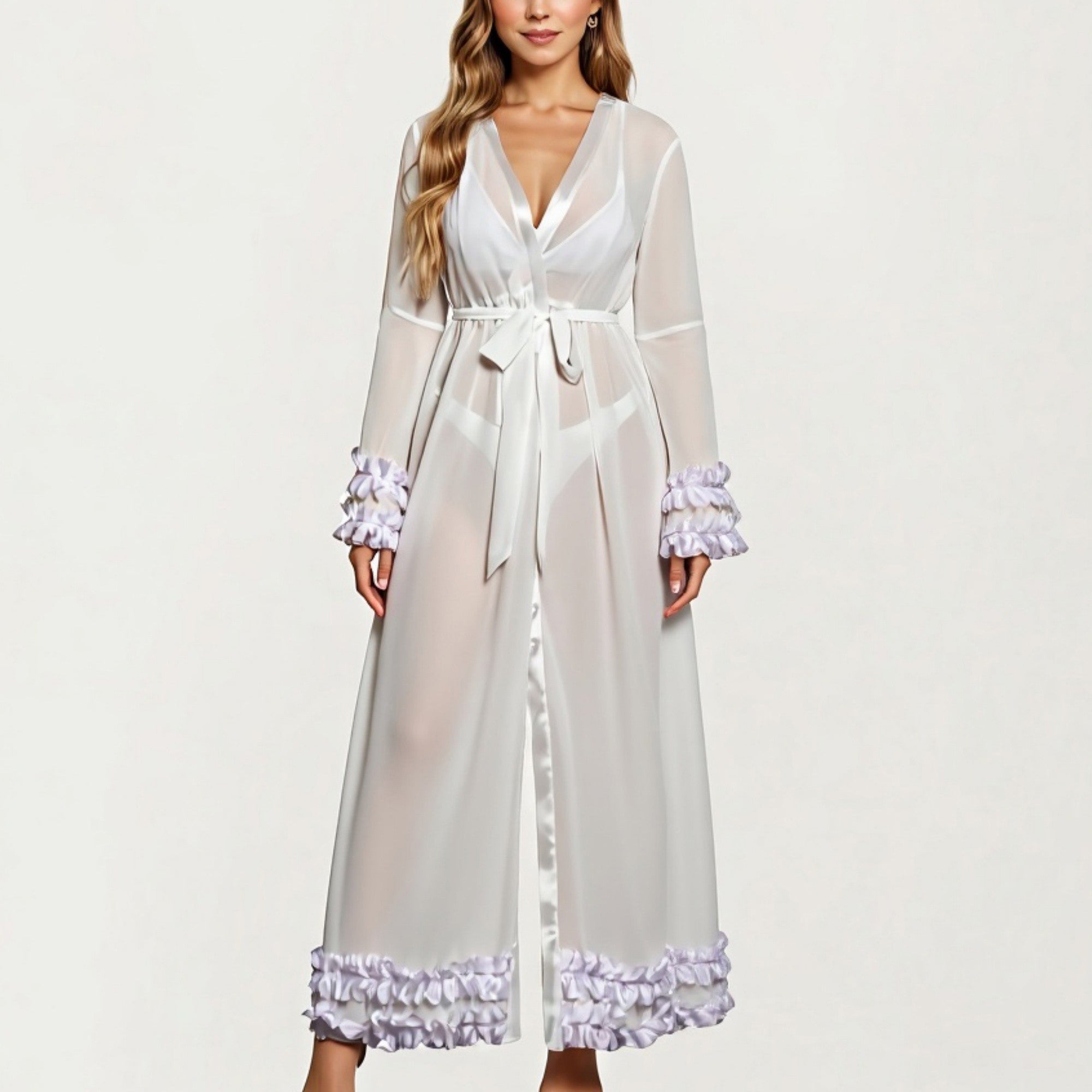Anna-Kaci Women's Long Satin Robe with Ruffled Cuffs Hem and Tie Waist Belt