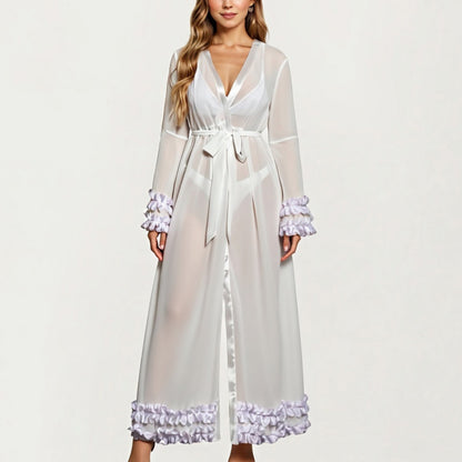 Anna-Kaci Women's Long Satin Robe with Ruffled Cuffs Hem and Tie Waist Belt