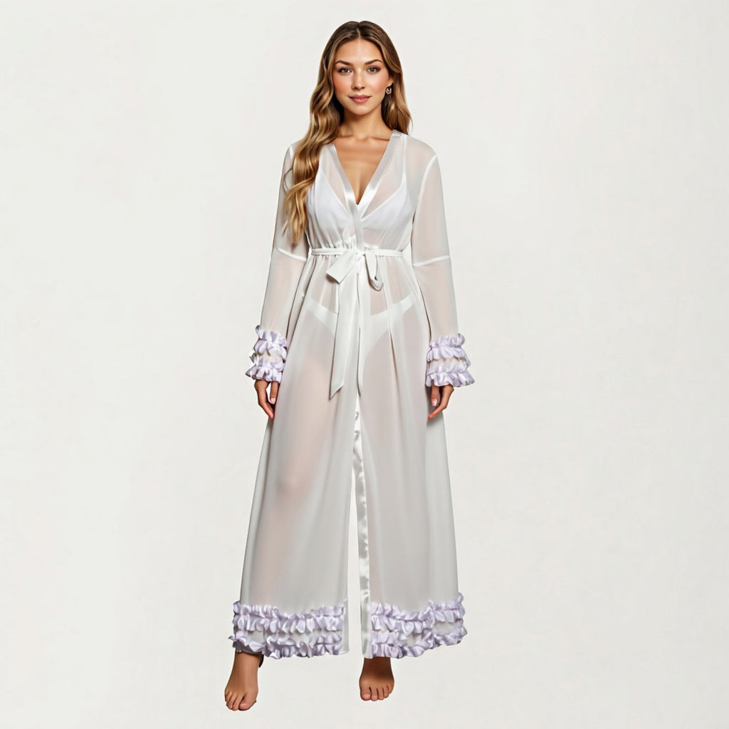 Anna-Kaci Women's Long Satin Robe with Ruffled Cuffs Hem and Tie Waist Belt
