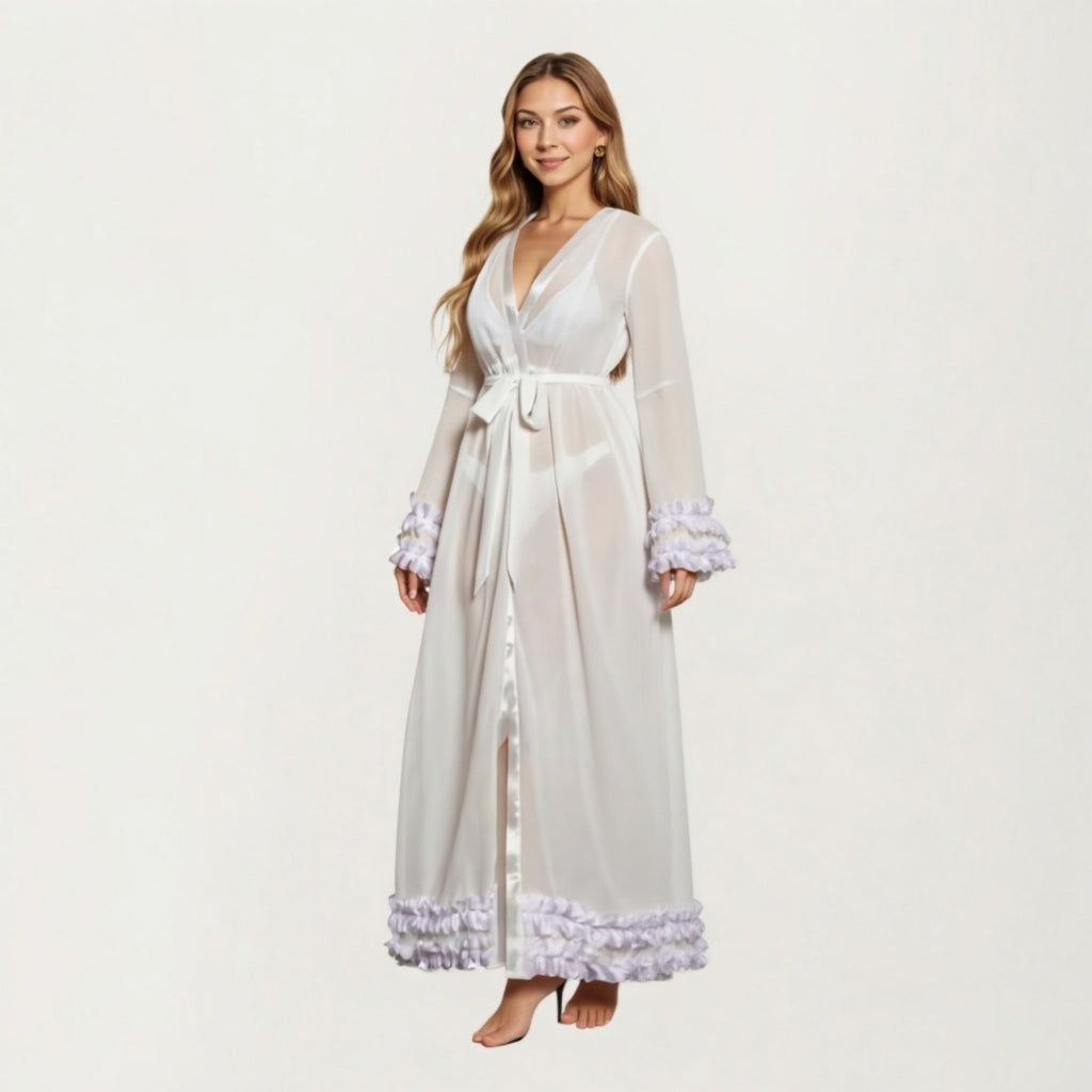 Anna-Kaci Women's Long Satin Robe with Ruffled Cuffs Hem and Tie Waist Belt