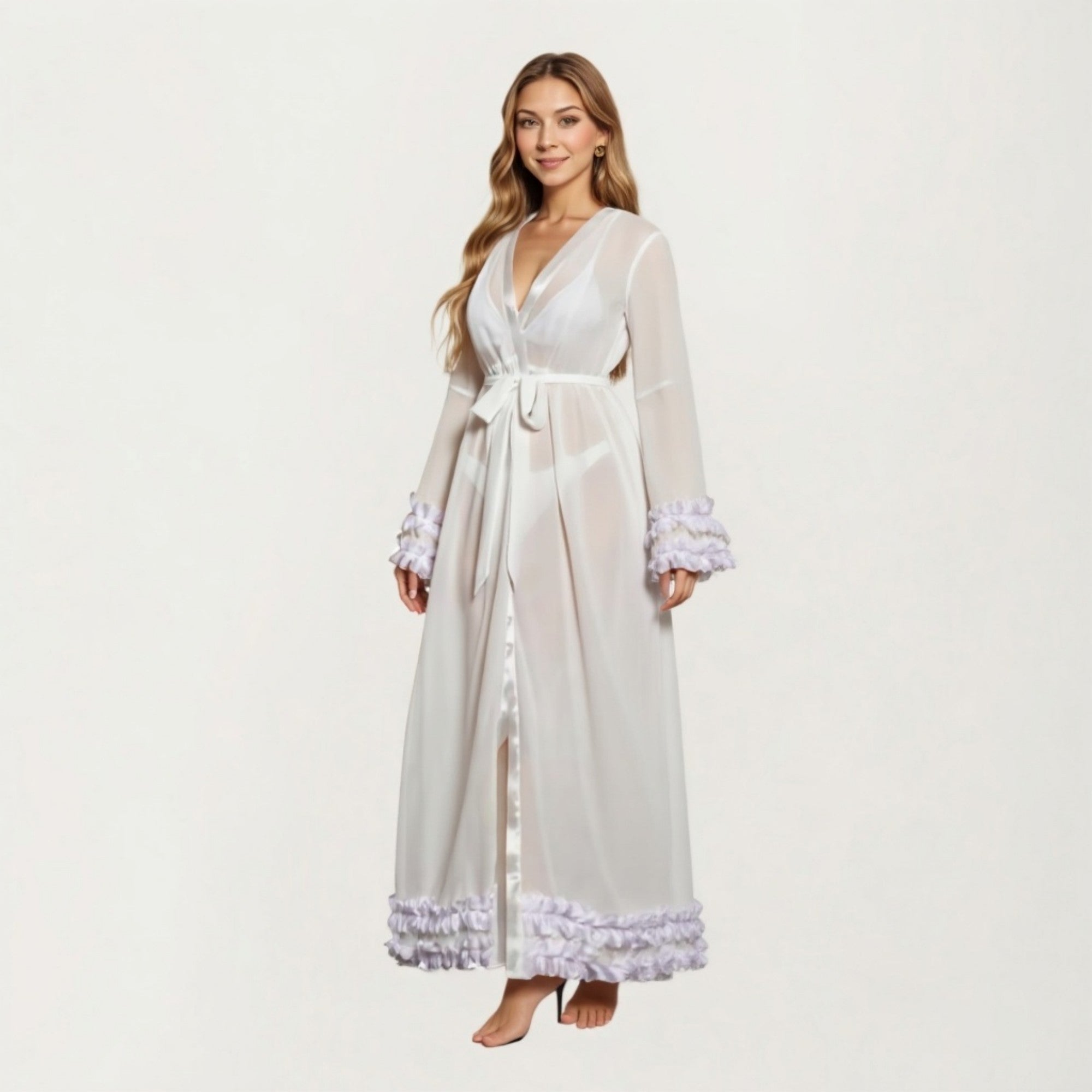 Anna-Kaci Women's Long Satin Robe with Ruffled Cuffs Hem and Tie Waist Belt
