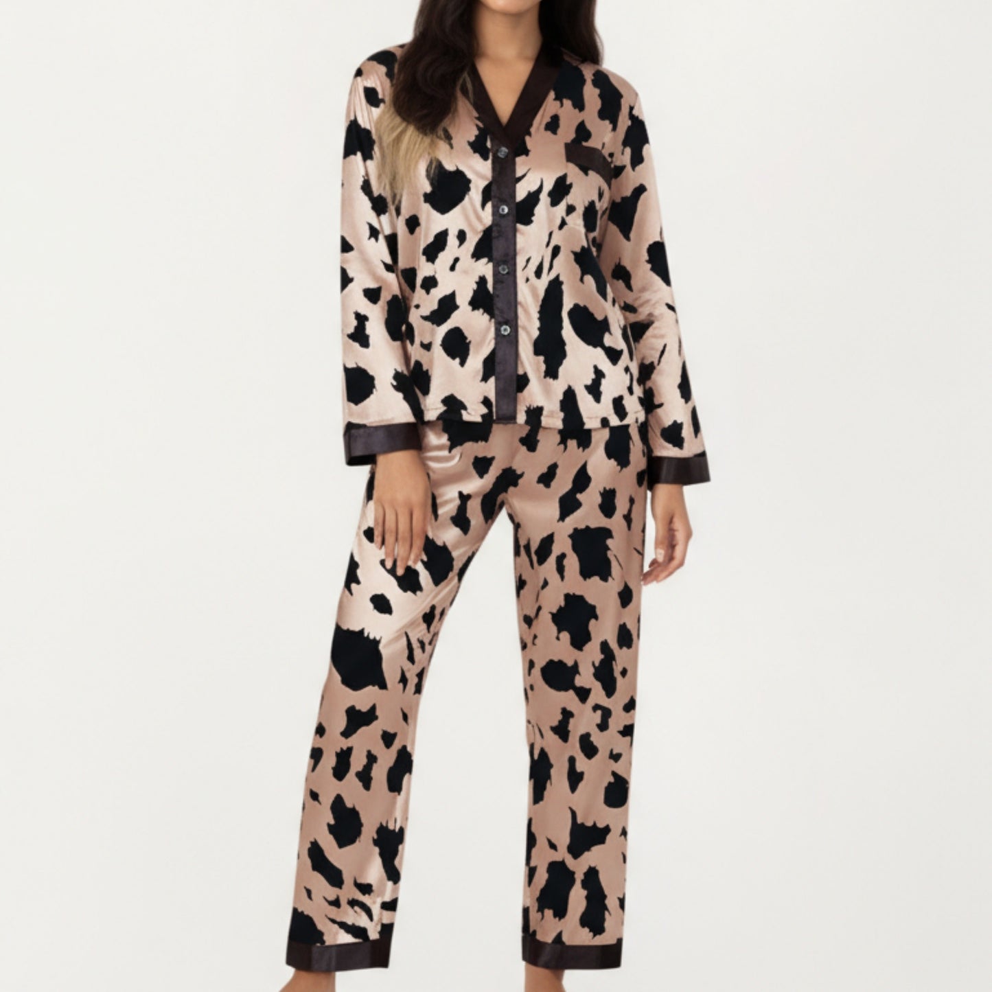 Anna-Kaci Women's 2-Piece Satin Pajama Set with Animal Print Button-Up Top and Straight-Leg Pants
