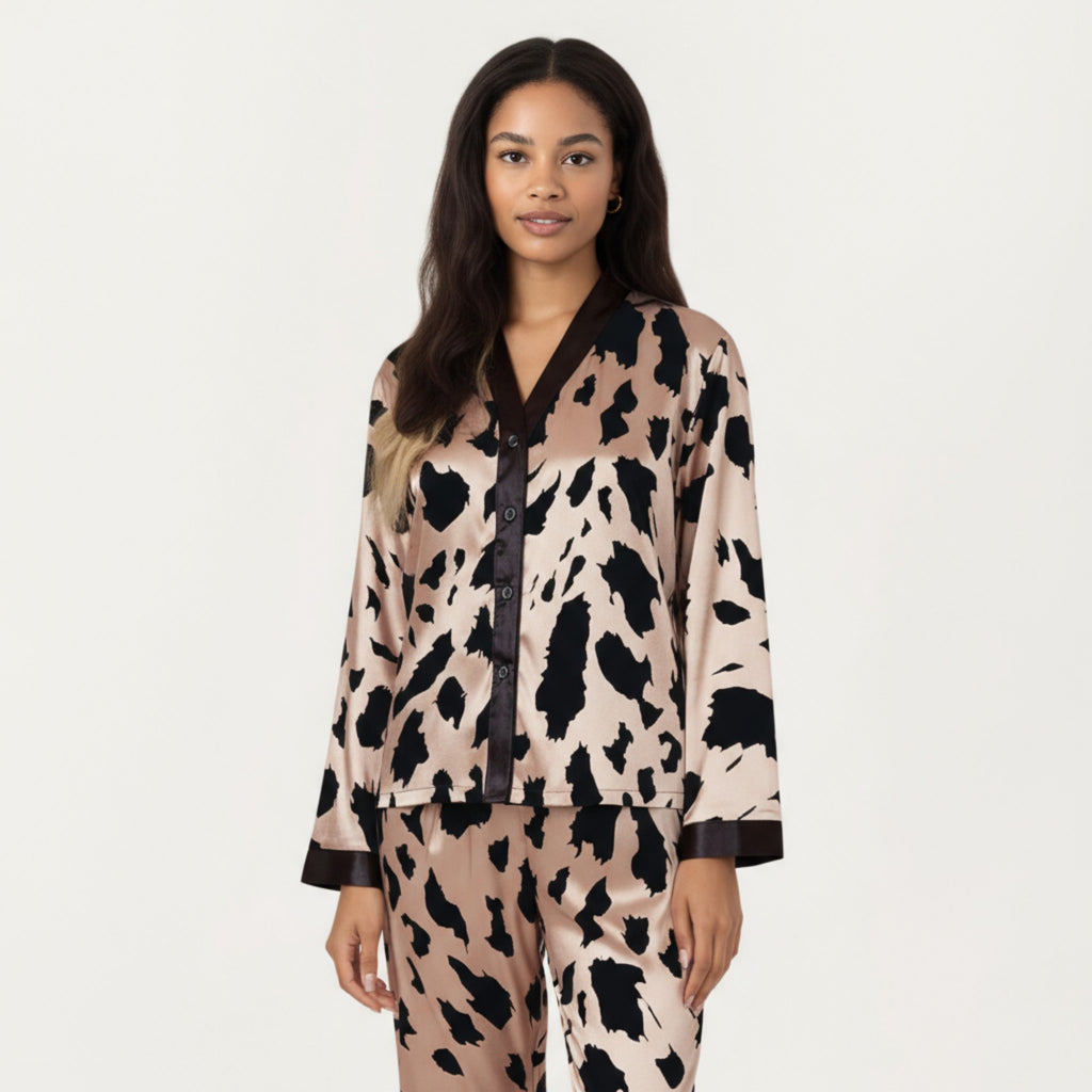 Anna-Kaci Women's 2-Piece Satin Pajama Set with Animal Print Button-Up Top and Straight-Leg Pants