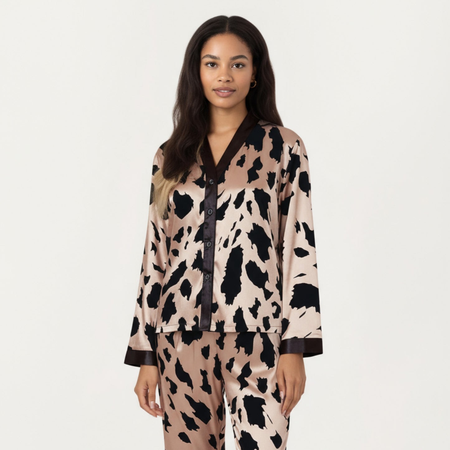 Anna-Kaci Women's 2-Piece Satin Pajama Set with Animal Print Button-Up Top and Straight-Leg Pants