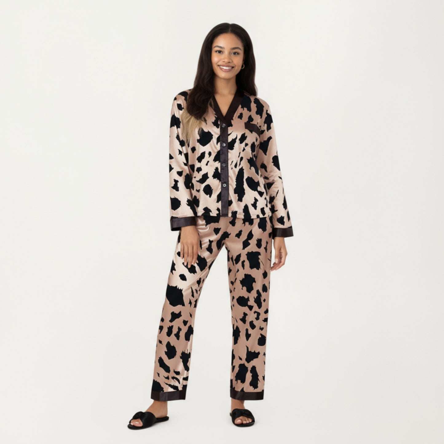 Anna-Kaci Women's 2-Piece Satin Pajama Set with Animal Print Button-Up Top and Straight-Leg Pants