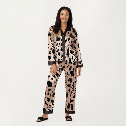 Anna-Kaci Women's 2-Piece Satin Pajama Set with Animal Print Button-Up Top and Straight-Leg Pants